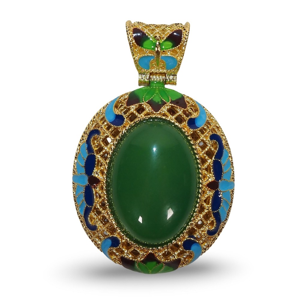 SJ Pearl Large Green Agate Enamel Pendant Gold Tone Filigree Statement Jewelry